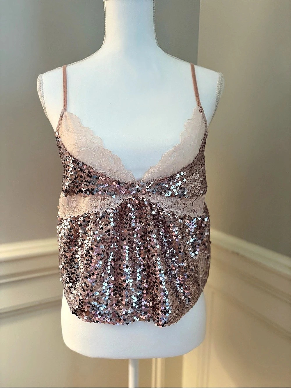 NWT Intimately by Free People “Right Rhythm Sequin Cami in Champagne Combo